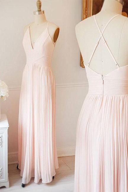 Pink Chiffon Floor Length V Neck Elegant Prom Dress