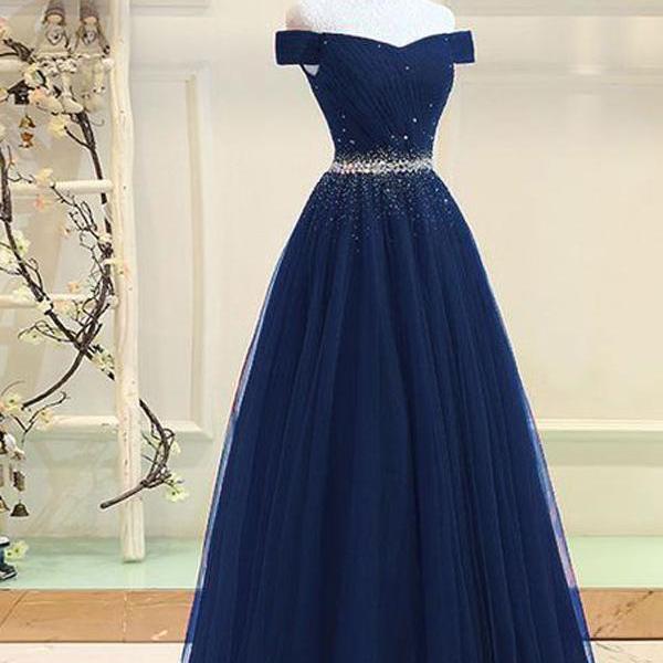 Navy Blue Tulle Off The Shoulder Long Prom Dress,Beaded Sequins Evening ...
