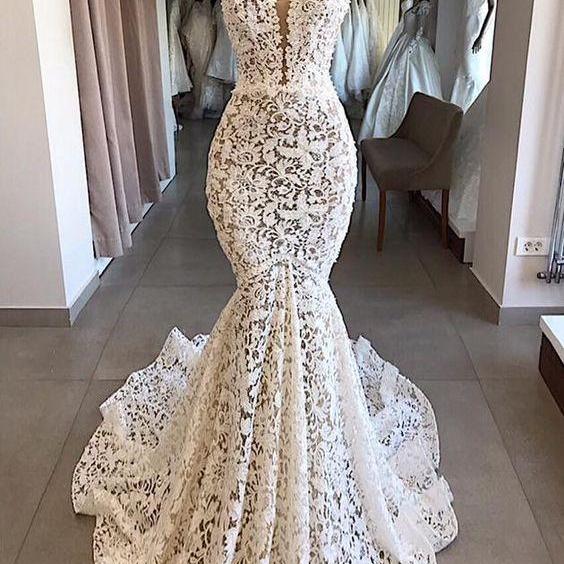 Mermaid Lace V Neck Long Prom Dresses Wedding Dresses Ivory Chic Bridal Gowns 