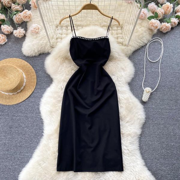 pearl stitching suspender dress little black dress