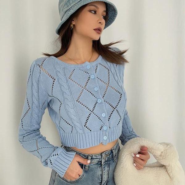 Round Neck Long Sleeve Sweater Small Cardigan Cropped Knit Top