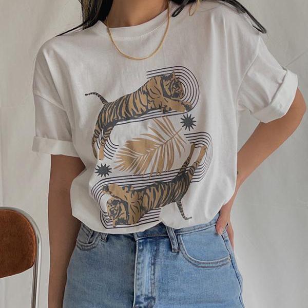 Double Tiger Leaf Print T-Shirt White Short Sleeve Loose Top