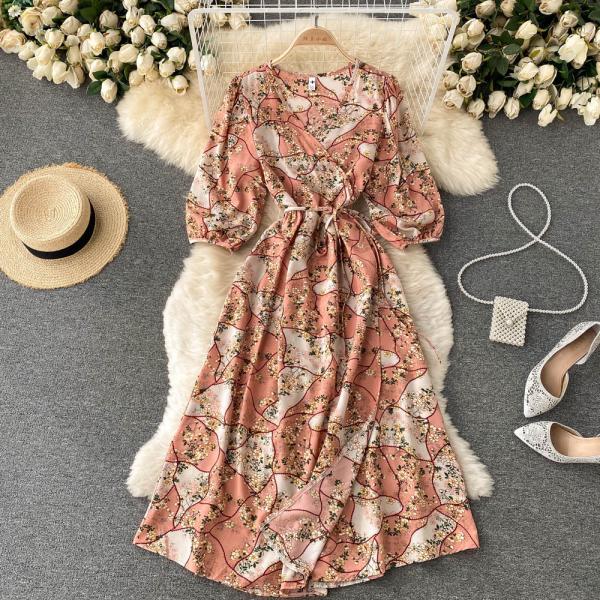 V-Neck Tie Print French First Love Floral Dress