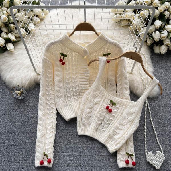 Japanese college style two-piece suit cherry long-sleeved knitted sweater camisole