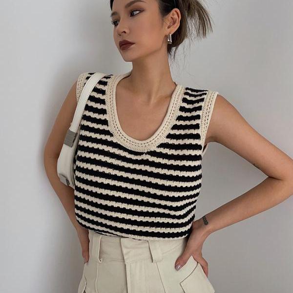 Black and White Striped Open Knit Tank Top Sling Sleeveless Vest