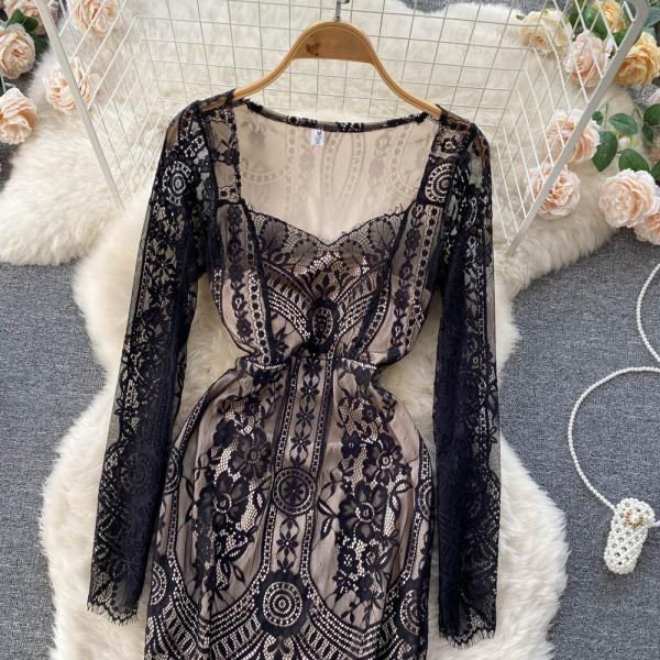 Square Neck Lace Embroidery Dress