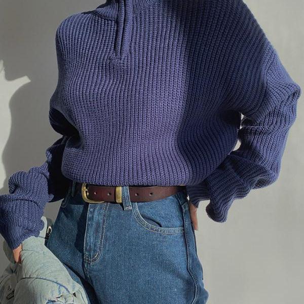 Vintage Blue Loose Stand Neck Zipper Sweater Women's knitting lazy style shirt