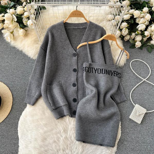 V-neck single breasted knitted cardigan coat+suspender sweater dress two-piece set