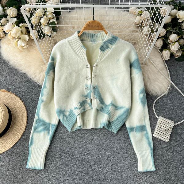Vintage tie-dyed long-sleeved knitted cardigan Coat loose short sweater top
