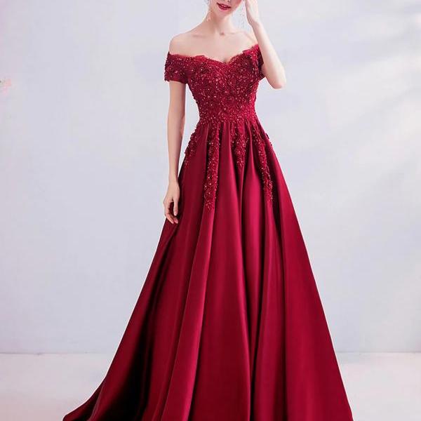 Burgundy A-Line Applique Lace Long Prom Dresses, Burgundy Evening Dresses