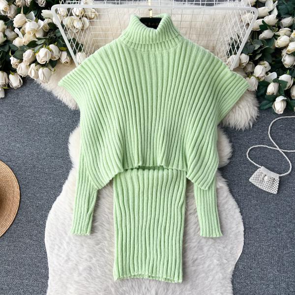 Fashion knitwear two-piece cape cape turtleneck sweater hip dress set