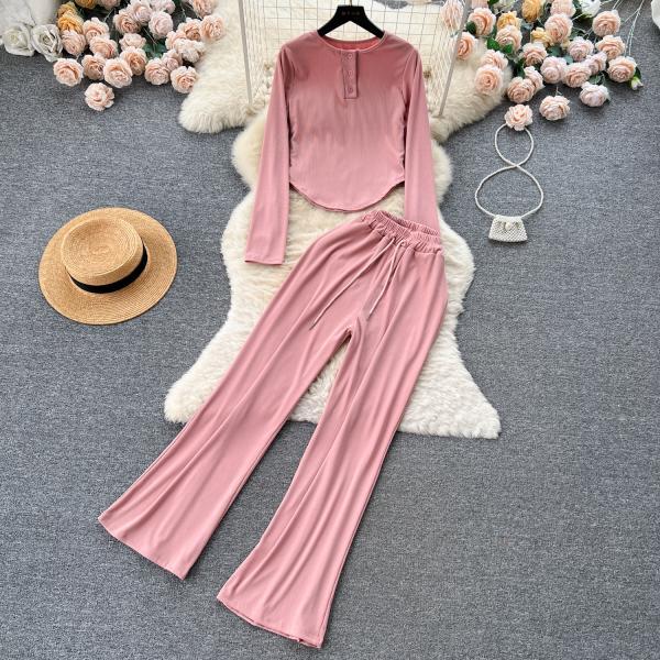 Wide Leg Pant Suits for Women Elegant 2 Piece Solid Outfits Long Sleeve Crop Top High Waist Hanging Wide-leg Pants