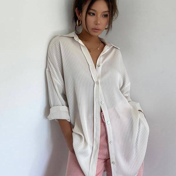 Striped Button Down Shirts Sliky Satin Casual Long Sleeve Stylish V Neck Blouses Tops