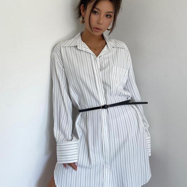 Vintage striped long sleeve shirt dress with belt