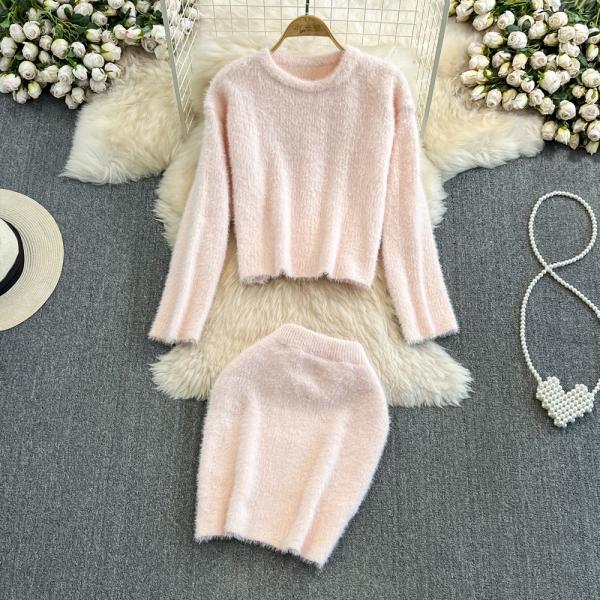Soft loose imitation mink fluff two-piece sets high wasit bodycon skirt
