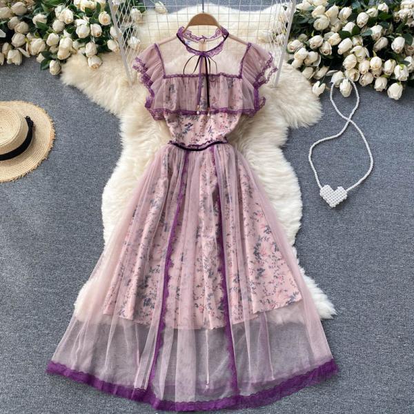 Court style dress see-through mesh long floral fairy dress