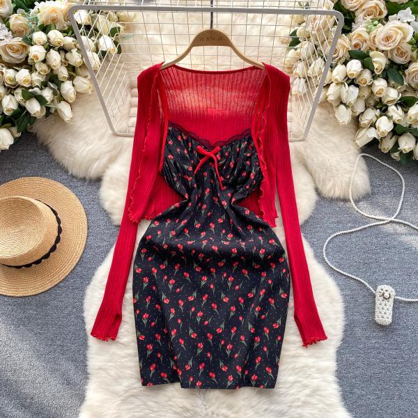 Sweet short knit cardigan vintage floral halter dress two piece sets