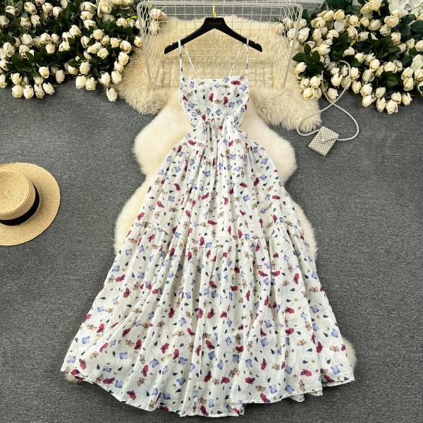 Holiday dress Hollow halter floral Fairy dress French chic halter dress