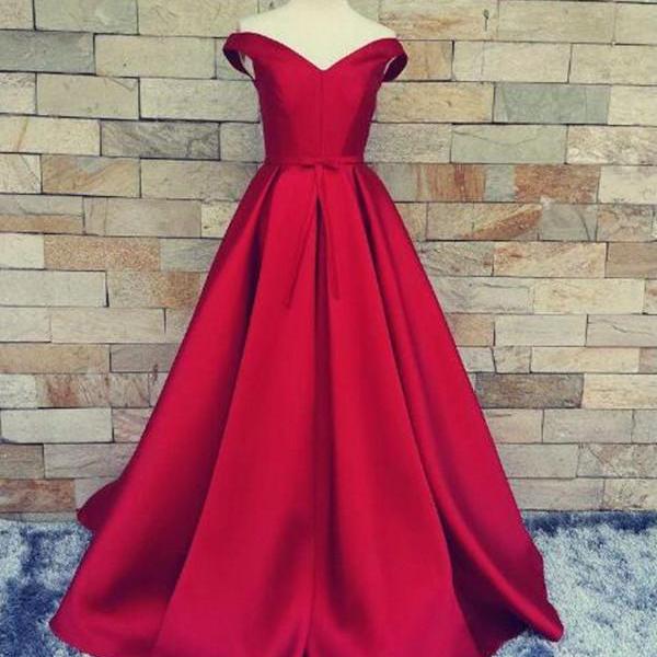 Off Shoulder Satin Prom Gowns, Fashion Red Evening Dresses,a Line Floor ...