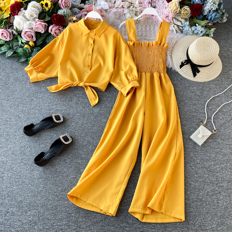 2022 Two Pieces Suit High-waisted Wide-leg Jumpsuit Short Western-style ...