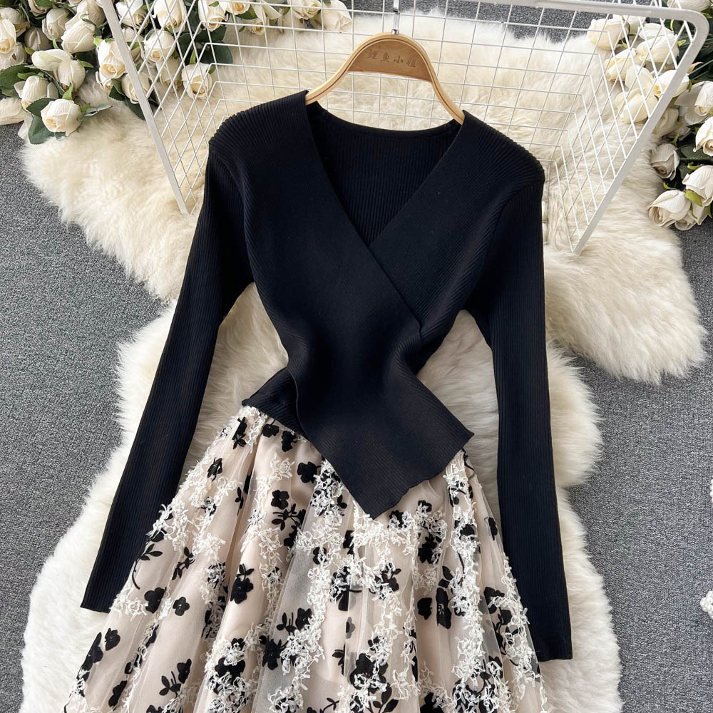 Premium Stitching Long-sleeved Knitted Dress Mesh Maxi Dress on Luulla