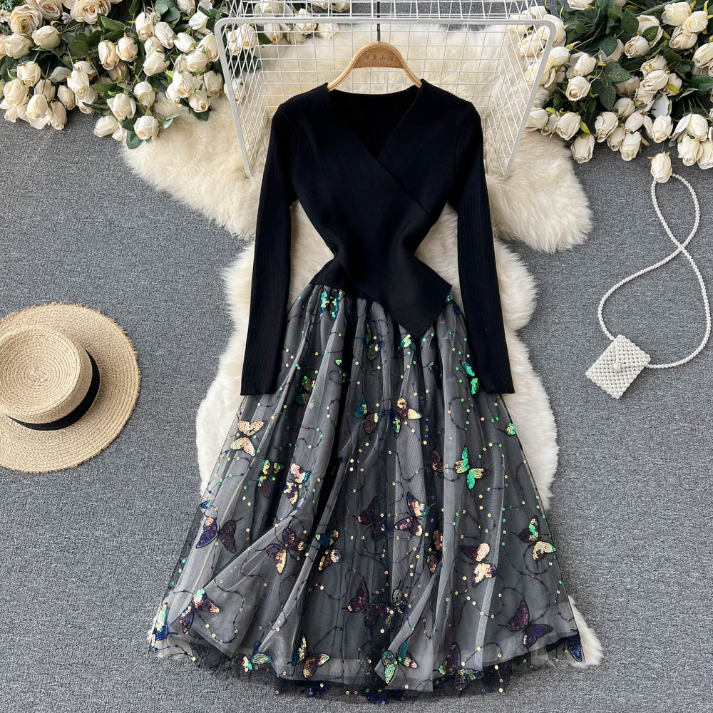 Premium Stitching Long-sleeved Knitted Dress Mesh Maxi Dress on Luulla