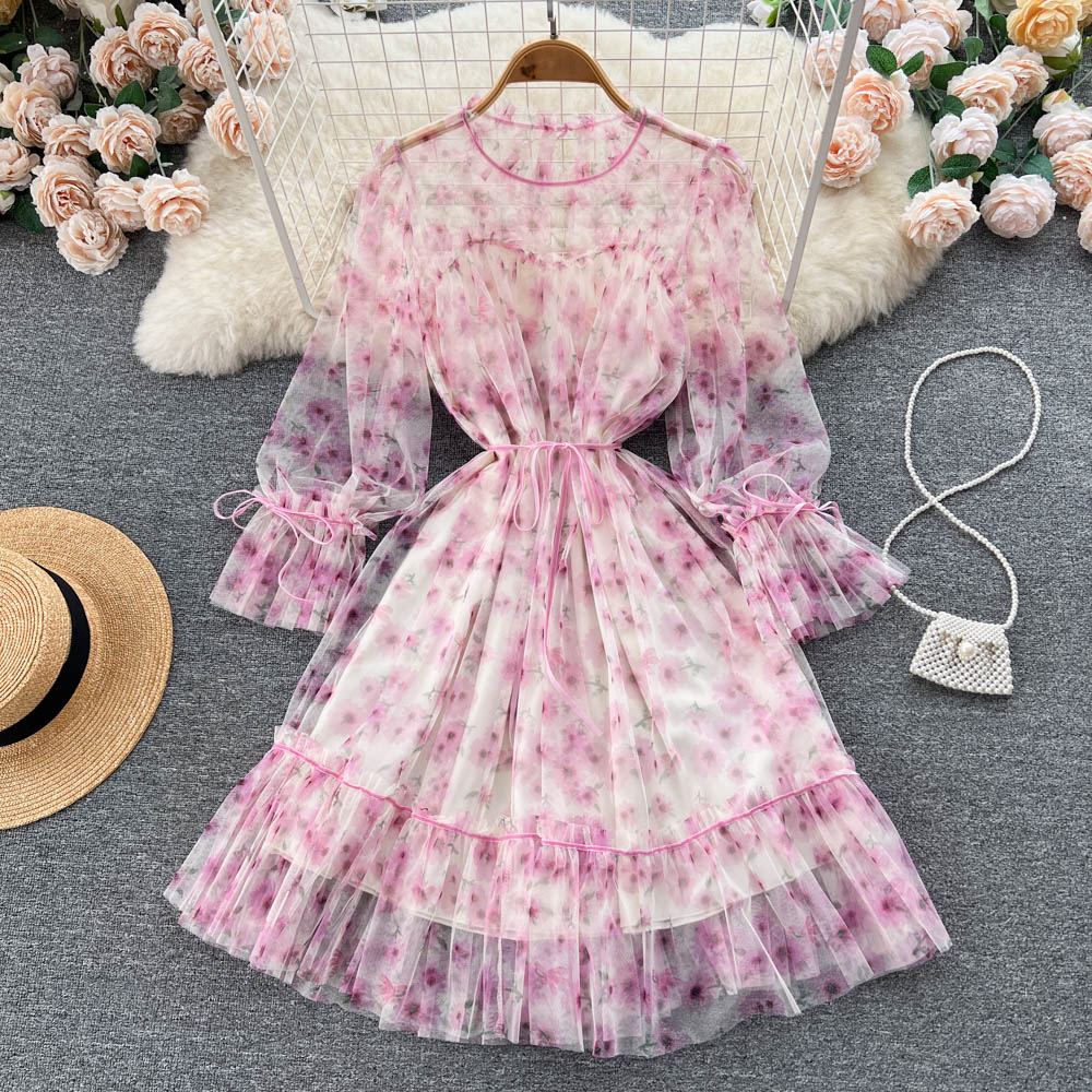 French Style Ruffled Floral Mesh Dress