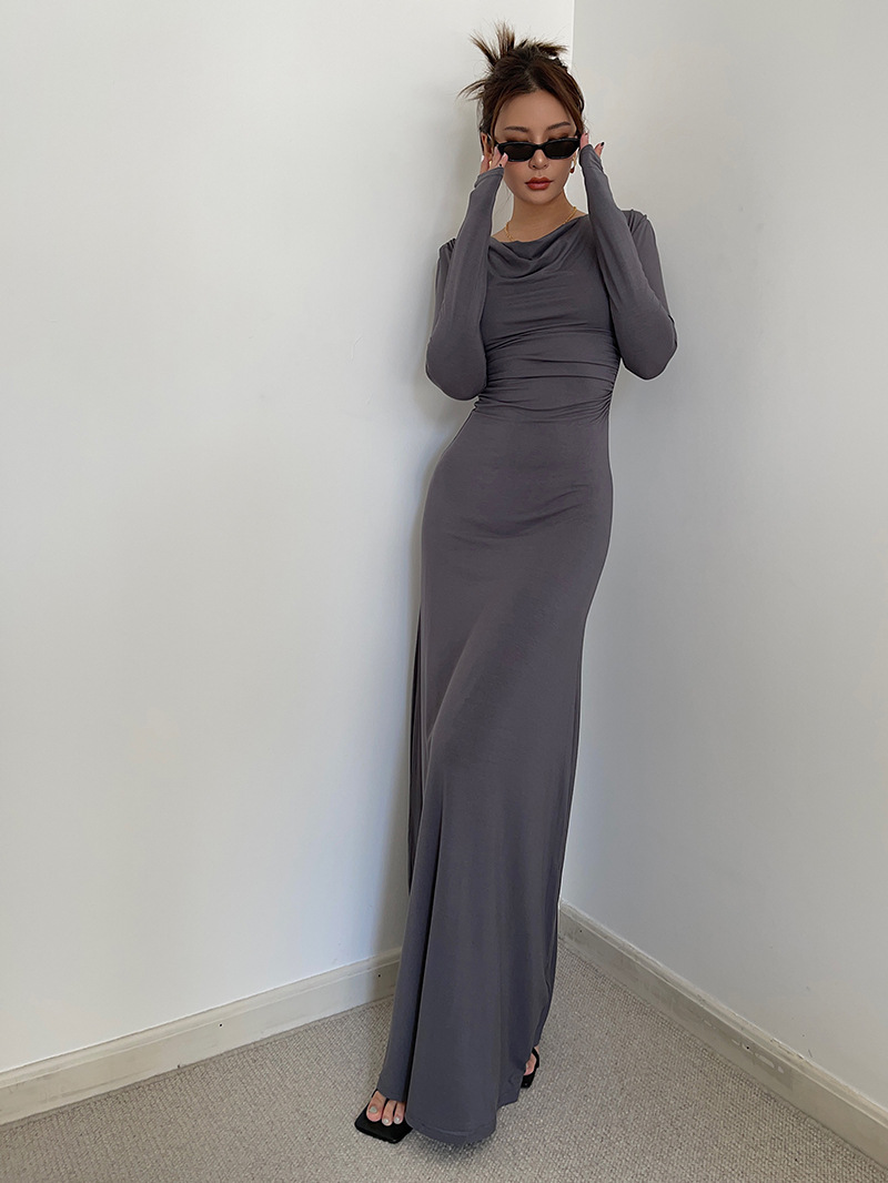 Long-sleeved Dress With Dangling Collar And Narrow Waist on Luulla