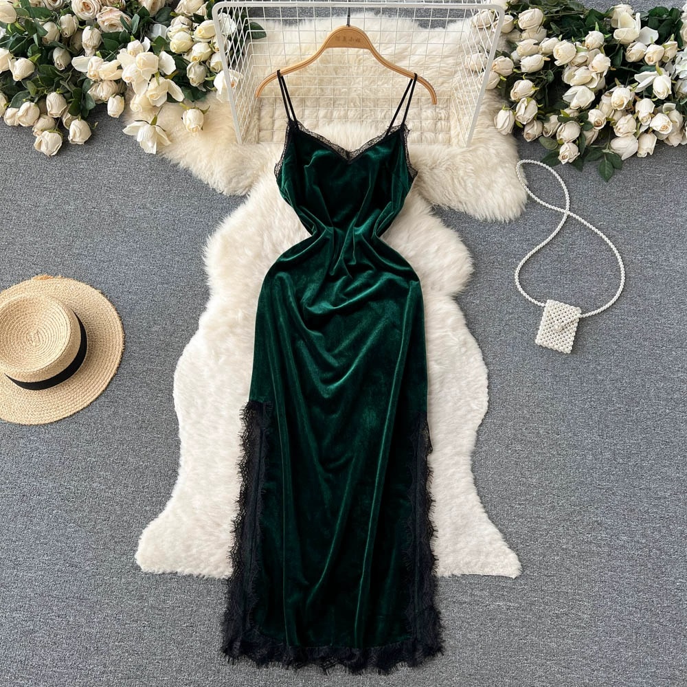 16024 Emerald Green Midi Sequined Velvet Dress