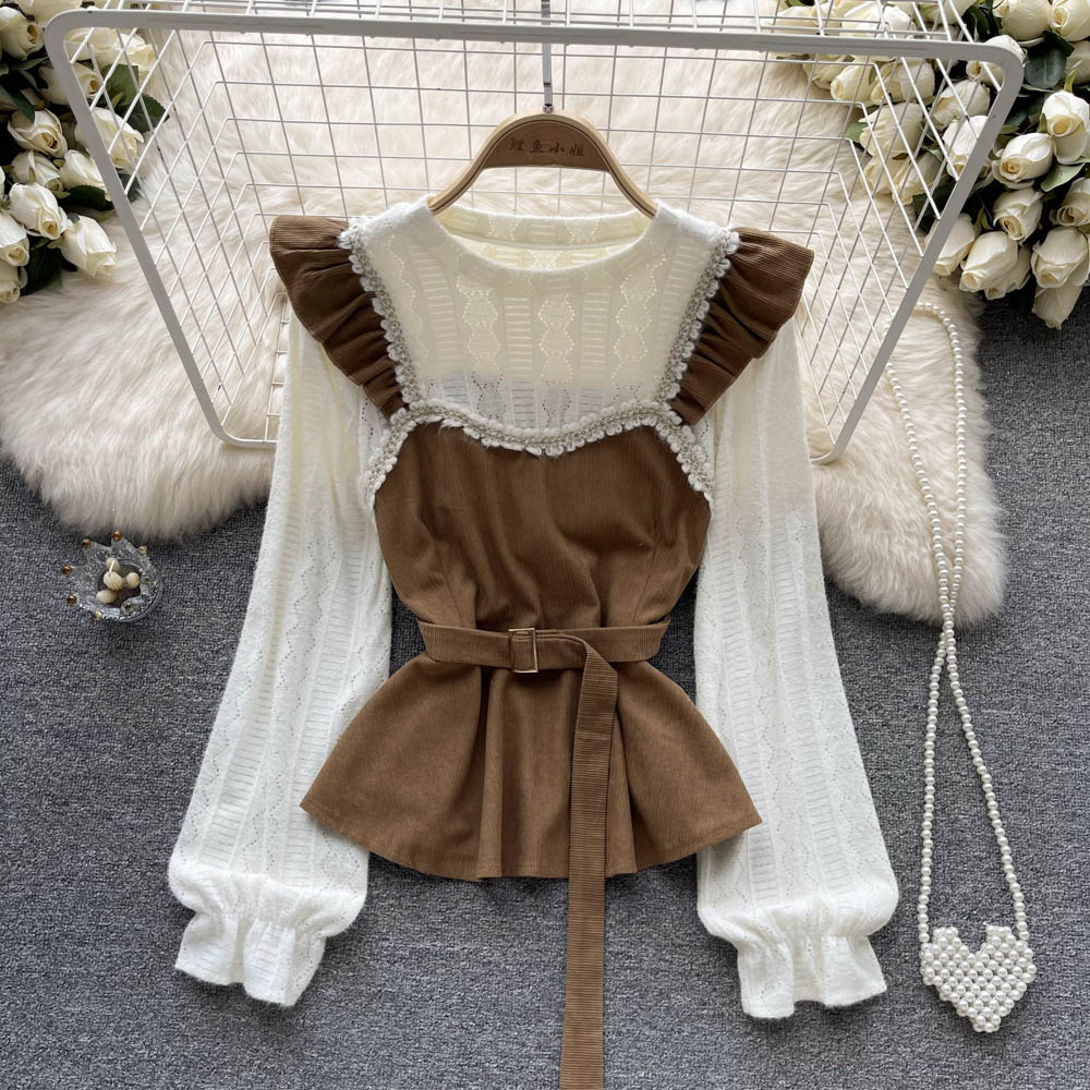Fashionable Openwork Lace Patchwork Long-sleeved Loose Shirt